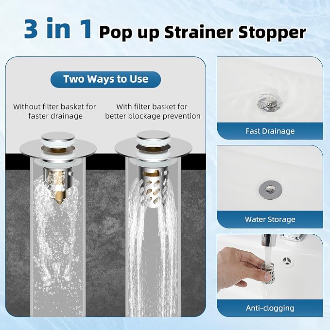 iFealClear 4 Pack All Metal Bathroom Sink Stopper, Pop Up Sink Drain Strainer with Removable Stainless Steel Filter Basket, Universal for 1.1"-2.36" Sink, Brass Bounce Core, Hair Catcher, Chrome