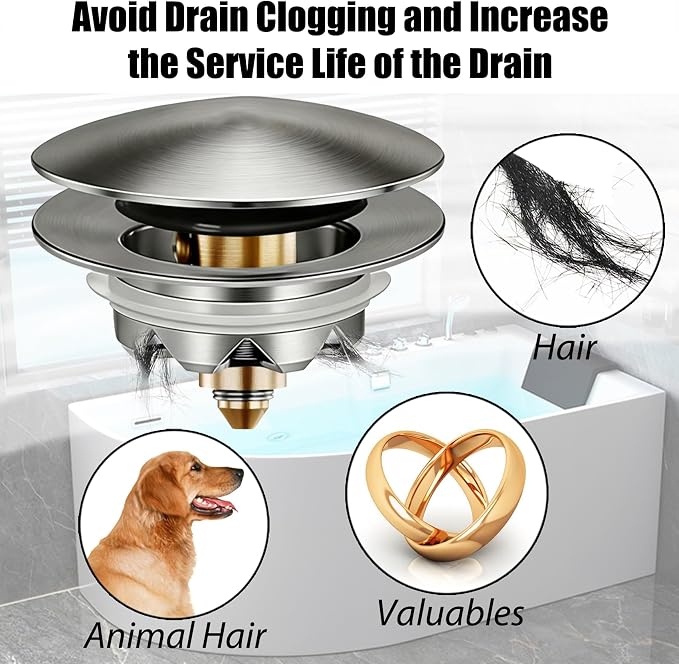 Anlige Bathtub Drain Stopper, Pop Up Tub Stopper and Cover, Bottom with Hair Catcher, Universal for 1.45 in to 1.8 in Drain, Replaces Old Drain Plug, Brushed Nickel