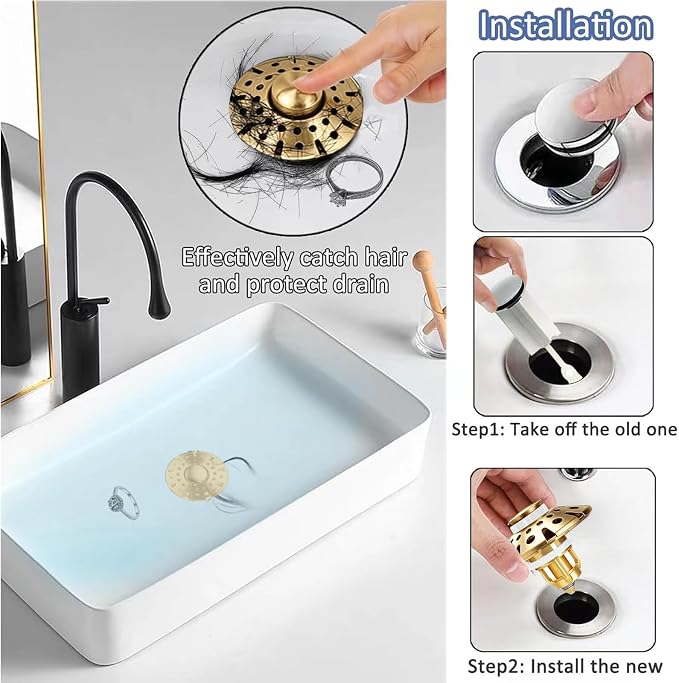 AzWzz Bathroom Sink Drain Strainer, 3 in 1 Pop Up Bathroom Sink Stopper Plug with Hair Catcher Cover, Universal for 1.06 in to 1.6 in Sink Drain, Brushed Gold