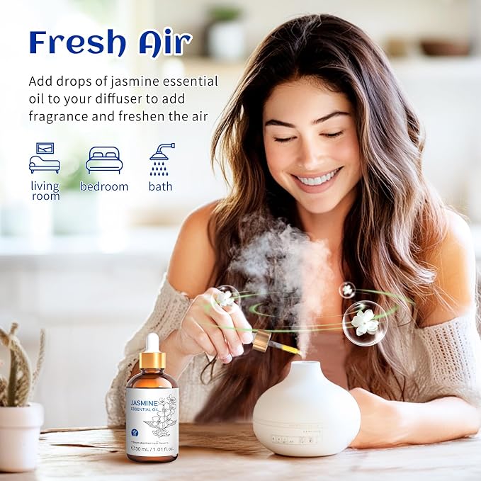 HIQILI Jasmine Essential Oil, for Diffuser, Hair, Skin, Perfume Making | Soft Floral Scent for Massage, Nourish Hair & Complexion, Ideal for Diffuser & DIY Perfume - 30mL / 1 Fl Oz