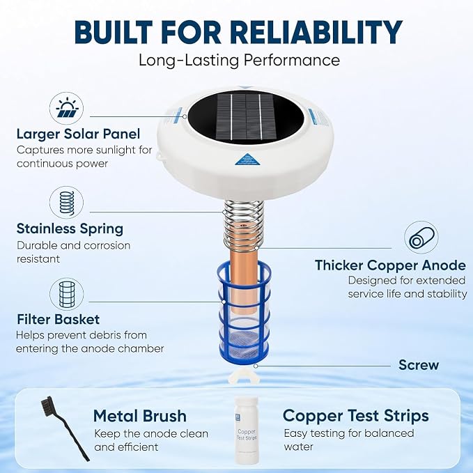 Upgraded Solar Powered Pool Water Care Device for Above Ground & Inground Pools Up to 45,000 Gallons, Floating Pool Maintenance System with Thick Copper Component, Low Maintenance Pool Care Solution