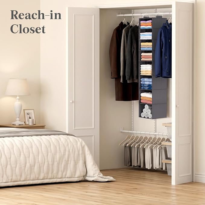 Lifewit 8 Tier Hanging Portable Closet Storage Organizer for Shelves, Black | Foldable Clothes Shelf with 2 Sturdy Hooks, Sweater/Coat/Shoes Clothing Organization for Wardrobe, Dorm, Bedroom
