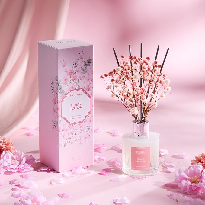 Reed Diffuser Set, 3.38 fl oz (100 ml) - Cherry Blossom Oil Diffusers with 8 Reed Sticks, Home Fragrance Reed Diffuser for Bathroom Shelf Decor