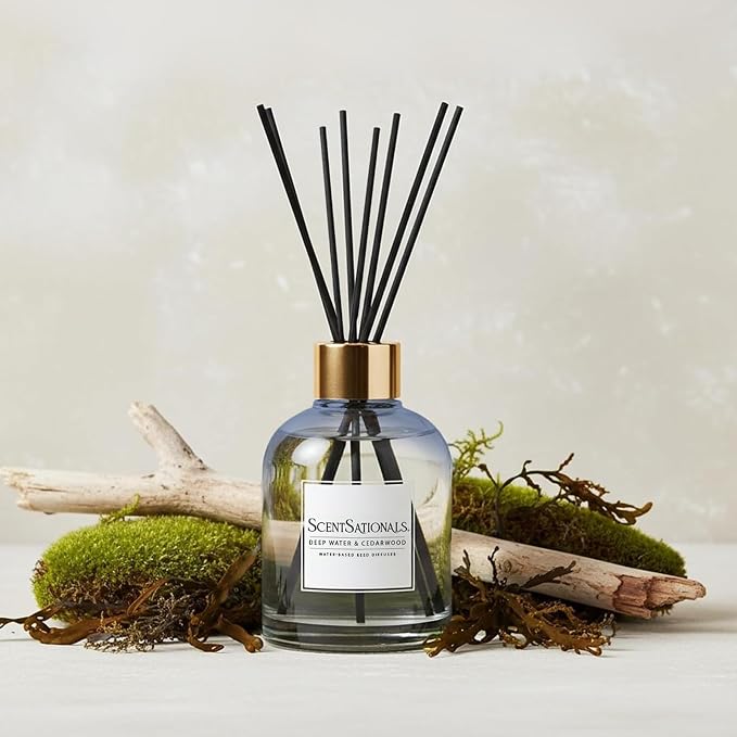 ScentSationals Deep Water & Cedarwood Water-Based Reed Diffuser - 5 FL OZ | Cedar, Marines, & Moss Scented Aromatherapy Reed Diffuser