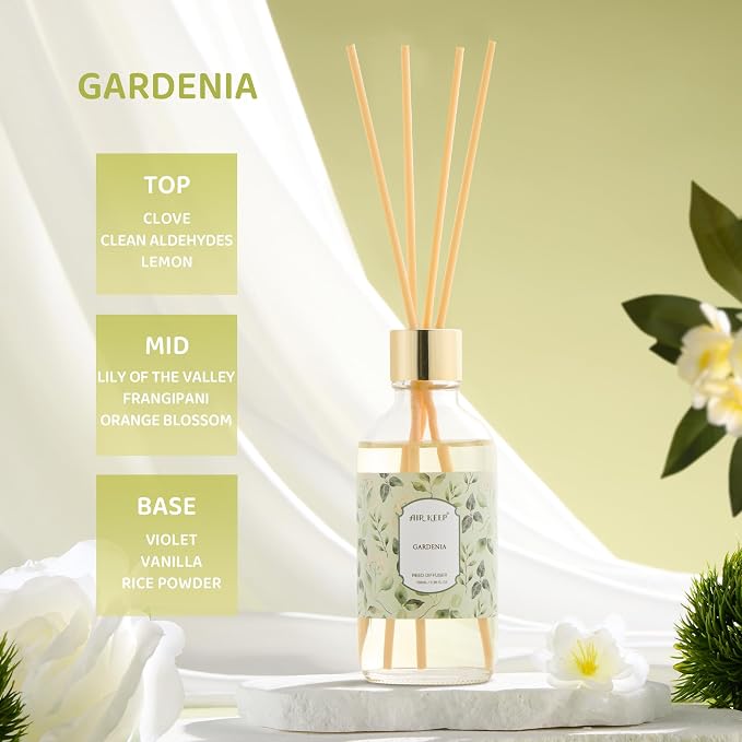 Reed Diffuser Oil Set with Reed Sticks, Gardenia Aromatherapy Oil Scent Diffuser for Home Office Bathroom Decoration Perfume and Gifts 3.38 oz/100ml