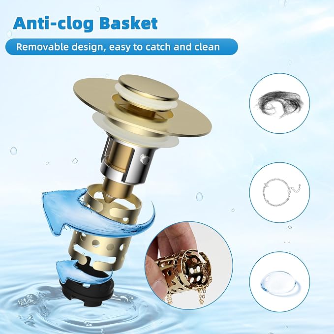 Universal Bathroom Sink Drain Stopper Hair Catcher, Brushed Gold | Upgraded with 2-Layer Detachable Filter Basket, 4 in 1 Pop Up Drain Strainer, Anti-Clog, Fit for 1.1''~2.36'' Sinks