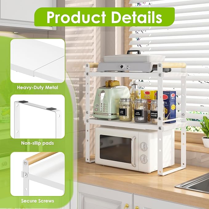 DOLALIKE Expandable kitchen Countertop Organizer, Stackable Cabinet Shelf Organizers, Space Saving Spice Rack Pantry Storage for Bathroom Office Organization (6.9'D*13-19.7''W*15.7''H, White)