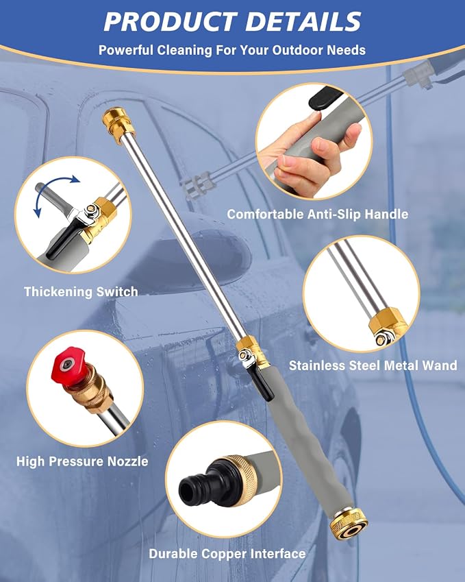 2026 Upgraded Jet Nozzle Power Washer for Garden Hose, 2-In-1 High Pressure Wand with 2 Different Nozzles and Quick Connectors, High Pressure Washer Tools For Patio Car Pet Window Washing (gray)