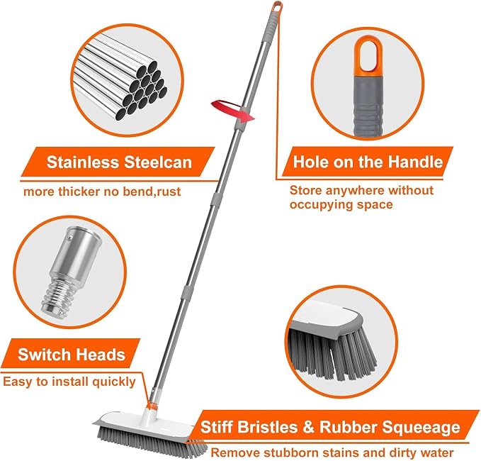 Floor Scrub Brush with Long Handle, 12" Wide 2-in-1 Deck Brush and Squeegee with 55" Stainless Steel Pole, Heavy-Duty Stiff Bristles for Shower, Tile, Garage, Patio & Kitchen-Orange