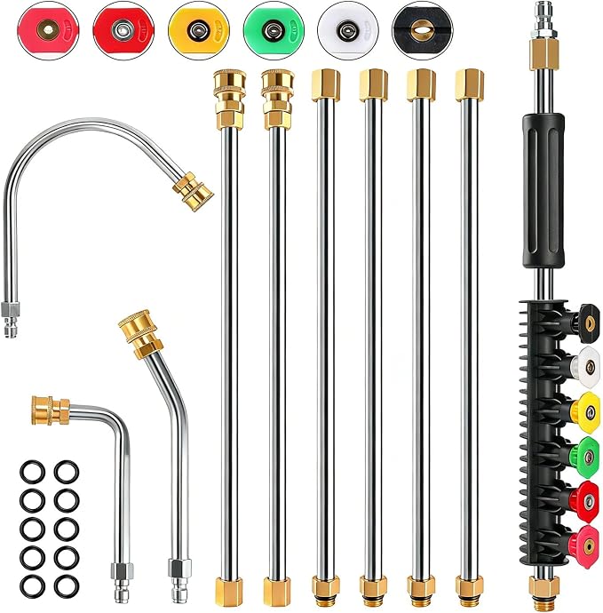 10 Pack 9 FT Pressure Washer Wand, Gutter Cleaning Tools from the Ground | Gutter Cleaner Attachment for Pressure Washer with 6 Pressure Washer Nozzle Tips, 30°, 90°, 120° Gutter Cleaner Curved Rod