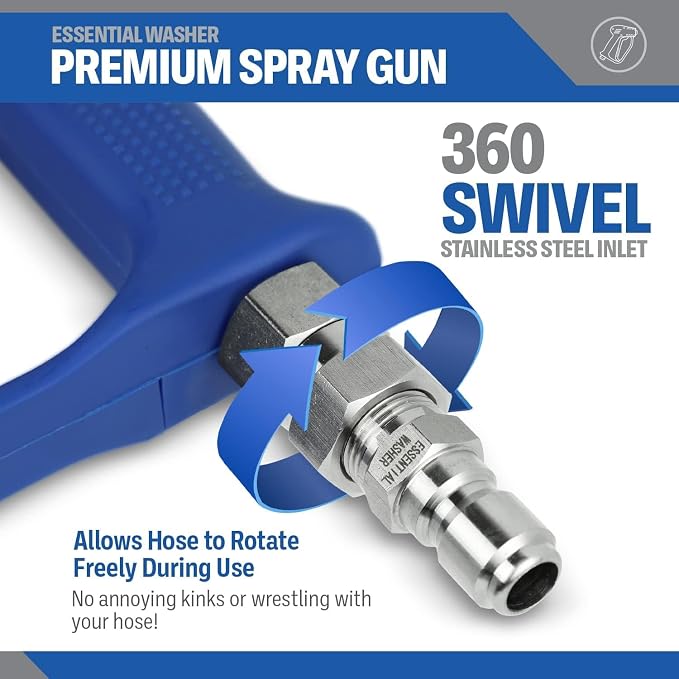 Essential Washer Short Pressure Washer Gun with Stainless Steel Swivel | Compatible with Foam Cannon | High Pressure Water 4000 PSI