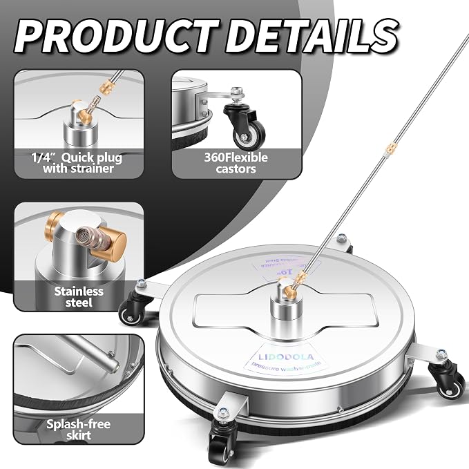 LidoDola 19'' Pressure Washer Surface Cleaner, Power Washer Accessory | Stainless Steel Housing with 4 Wheels, 1/4" QC, 2 Extension Wands & 2 Replacement Nozzles, for Gas & Electric Pressure Washer