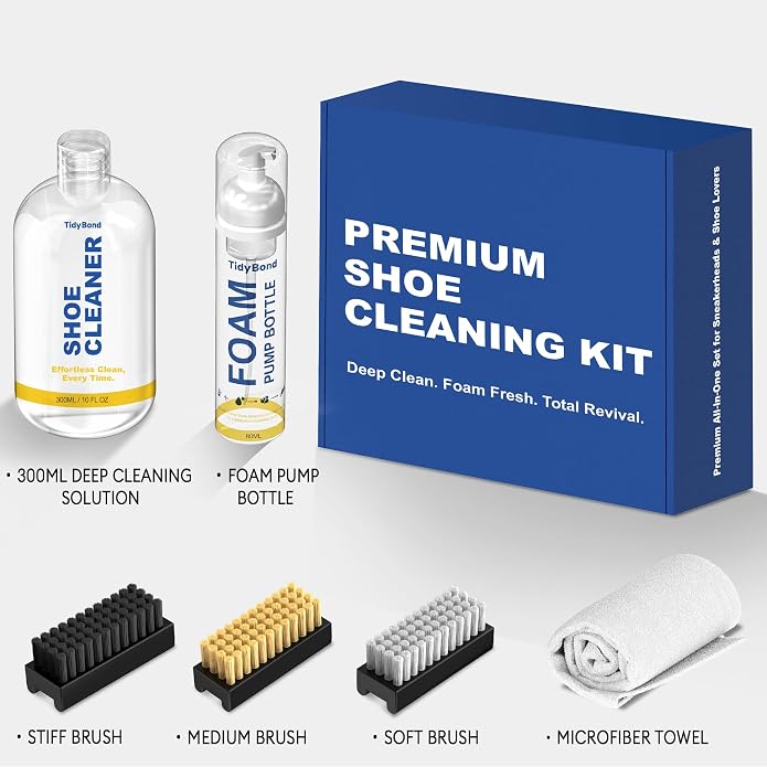 Shoe Cleaner Kit for Sneakers with 3 Brushes and Foam Bottle, 10.6 oz | Deep Cleaning for White Shoes, Leather, Suede, Nubuck, Canvas, Mesh, Boots, Midsoles and Soles