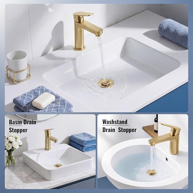 (2 Pc) 1s Installation - All Metal Bathroom Sink Stopper Fit 99% - 3 in 1 Universal Pop Up Stopper with Removable Stainless Steel Filter Basket Hair Catcher - Sink Stopper (Golden)