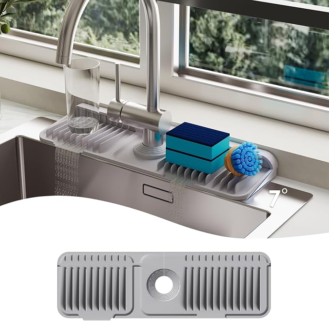 17.7 Inch Silicone Faucet Mat for Kitchen Sink Splash Guard - 7° Slope Upgraded Water Draining Mat with Fasten Button for Bathroom Area (Gray, 17.7''x5.5'')