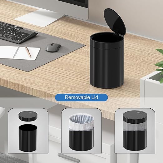 Mini Trash Can for Desk with Pop Up Lid,1.5L Tiny Trash Can for Desk, 0.4 Gal Stainless Steel mini Desk Trash can with Lid，Small Counter Garbage Bin with 1 Roll Bags for Bathroom,Office(Black)