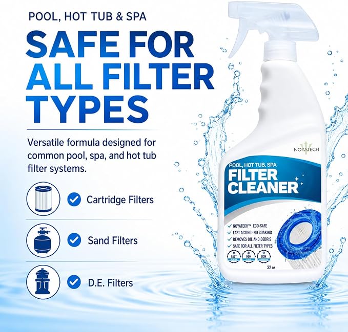 NOYATECH Pool Filter Cleaner Spray – No Soak Cartridge Cleaner for Hot Tub, Spa & Pool Filters – Removes Oil, Grease & Buildup Fast – Extends Filter Life – Gallon