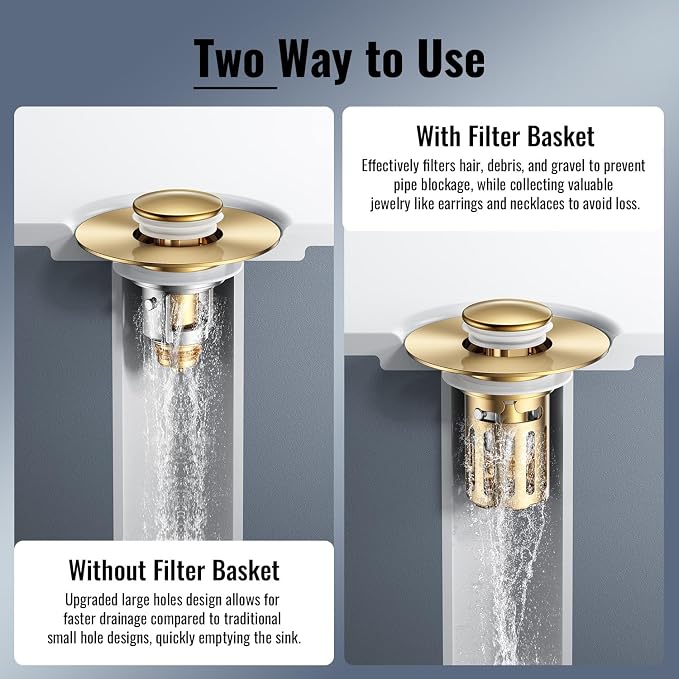 (2 Pc) 1s Installation - All Metal Bathroom Sink Stopper Fit 99% - 3 in 1 Universal Pop Up Stopper with Removable Stainless Steel Filter Basket Hair Catcher - Sink Stopper (Golden)