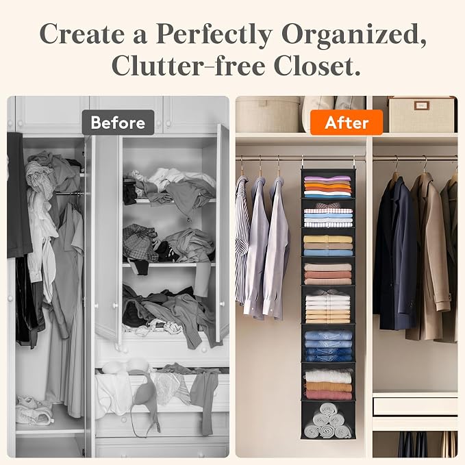 Lifewit 8 Tier Hanging Portable Closet Storage Organizer for Shelves, Gray | Foldable Clothes Shelf with 2 Sturdy Hooks, Sweater/Coat/Shoes Clothing Organization for Wardrobe, Dorm, Bedroom