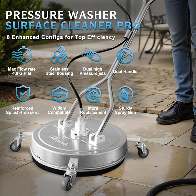 RAYNEL 20" Pressure Washer Surface Cleaner, Power Washer Accessory | Stainless Steel Housing, 4 Wheels, Dual Handles, 2 Hose Adapters, 5 Spray Nozzles & 4 Replacement Nozzles, Max 4000 PSI