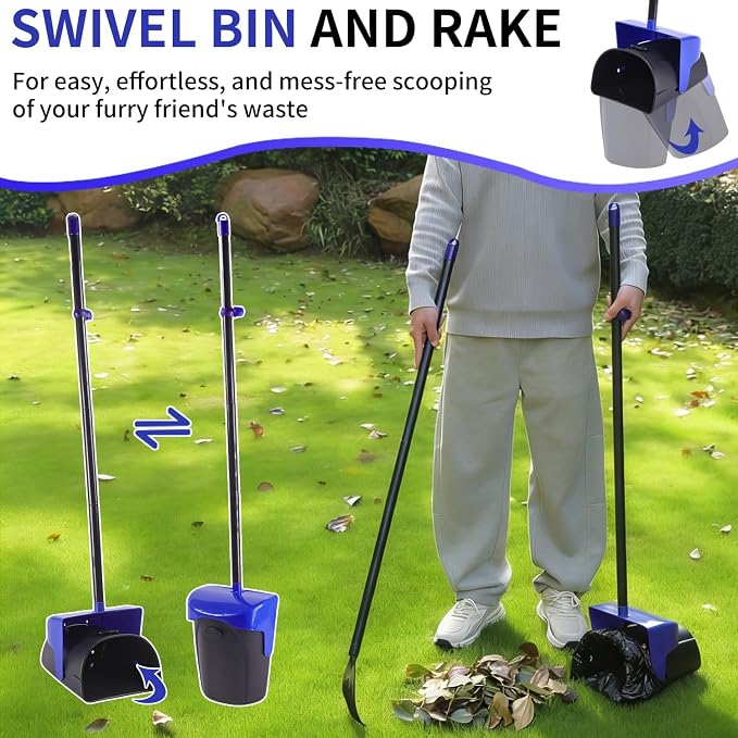 ienjoyed 43" Tall Pooper Scooper Large Swivel Bin & Rake with 100 Waste Bags,Heavy Duty Dog Pooper Scooper for Dogs, Long Handle Poop Scooper with Lid for Yard, Grass, Gravel (Blue)