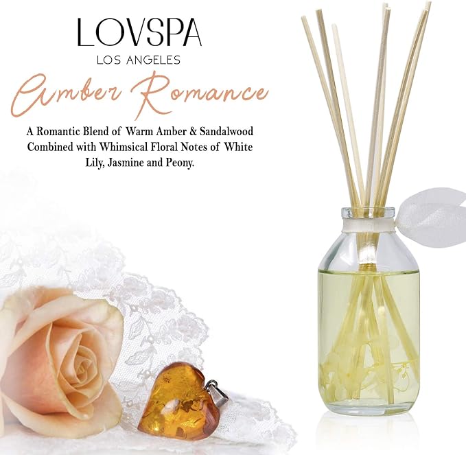 Reed Diffuser Set - Amber Romance Scented Diffuser with Sticks | Home Fragrance Reed Diffuser for Bedroom, Bathroom Shelf Décor, with Real Florals in the Bottle - Made in the USA