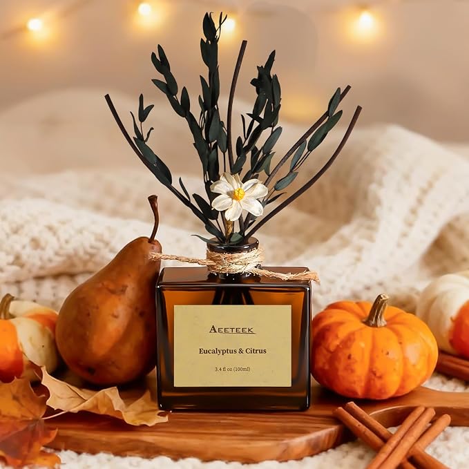 Reed Diffuser, Eucalyptus & Citrus Scented Oil Diffusers for Home with Dried Flowers, 3.4 Fl Oz Essential Oil Diffuser for Bathroom, Elegant Fragrance for Room Decor | Diffusers for Home with Handmade Flowers, 100ml Long-lasting Air Freshener for Bathr...