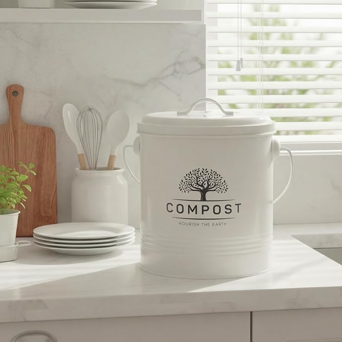 Perfnique Kitchen Compost Bin, 1.3 Gallon Countertop Compost Bin with Lid, Indoor Compost Bucket Includes Inner Bucket Liner and Carbon Filter, Small Compost Bin with Trash Bags (with Bags, Cream)