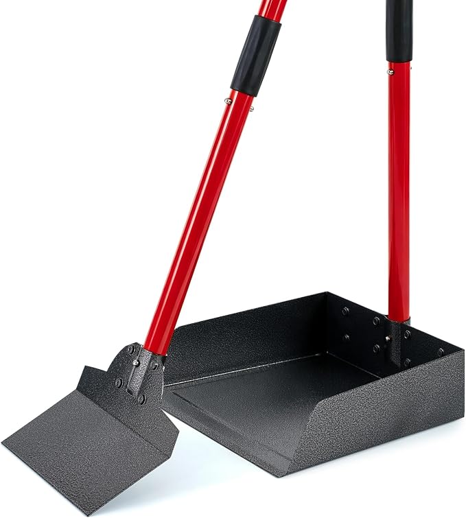 Pooper Scooper for Large Dogs, Adjustable Long Handle Metal Tray and Spade Poop Scooper for Dogs with Bin for Pet Waste Removal, No Bending Clean Up Pooper Scooper for Medium and Large Dogs,Red