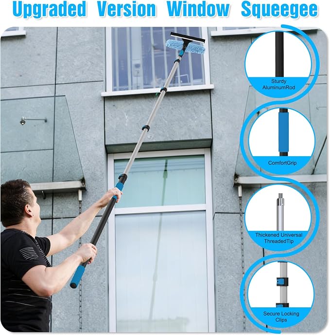 16FT Reach Window Squeegee Kit with Extension Pole, 2-in-1 Professional Washer for High Windows, 3-12FT Adjustable Reach, Rotatable Head for Indoor & Outdoor Use, Streak-Free Cleaning Tool for Home
