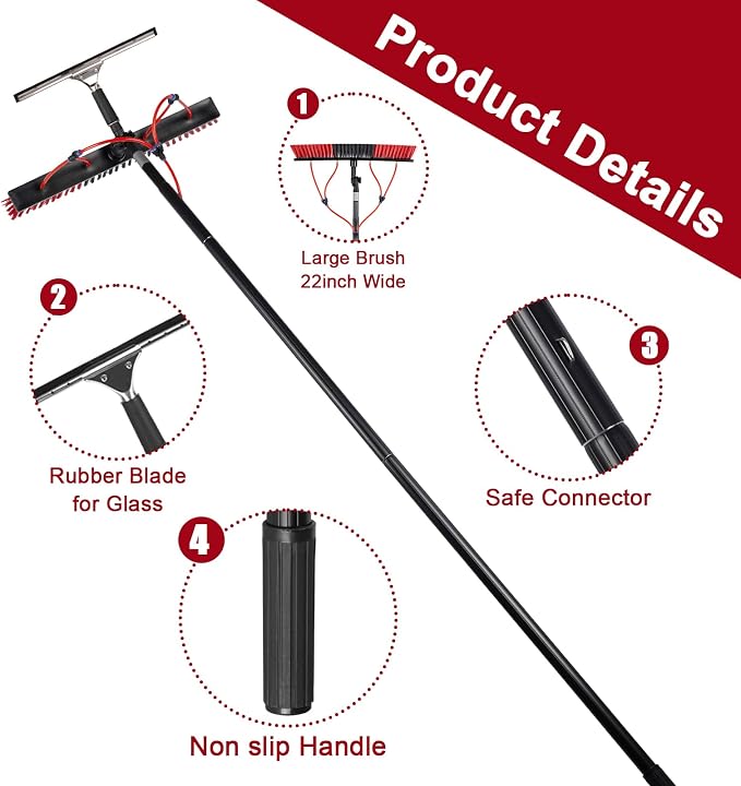 35ft Long Reach Solar Panel Cleaning Brush & Squeegee Kit, Aluminum Extendable Water Fed Pole Kit, 22in Wide Brush,Squeegee, Bendable Dusting Brush, Outdoor Window Washing Equipment Tool Kit
