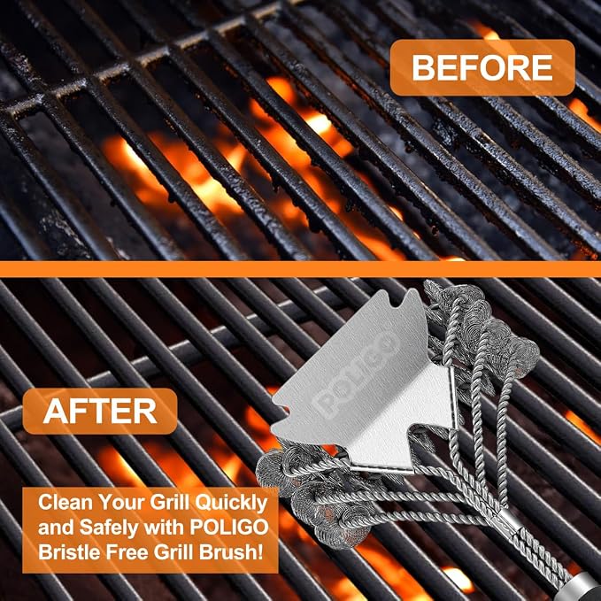 POLIGO BBQ Grill Cleaning Brush Bristle Free & Scraper - Triple Helix Design Barbecue Cleaner - Non-Bristle Grill Brush and Scraper Safe for Gas Charcoal Porcelain Grills - Ideal Grill Tools Gift