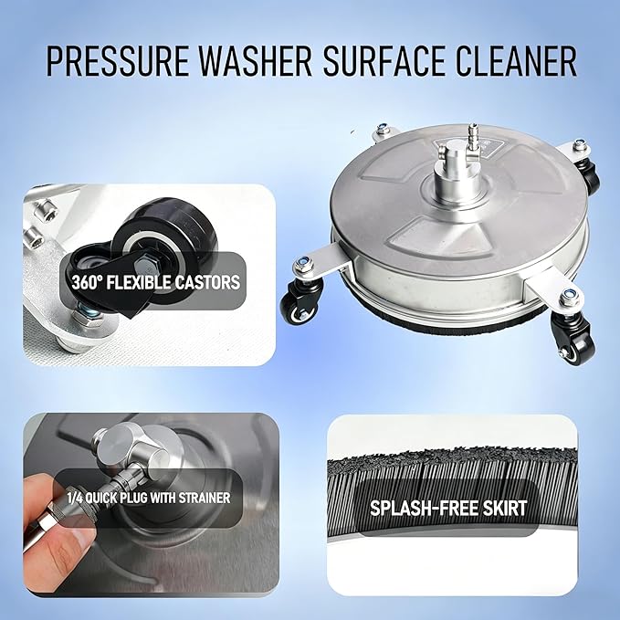 Hourleey 14" Pressure Washer Surface Cleaner, Stainless Steel Surface Cleaner with 4 Wheels for Concrete, Patio, Sidewalk, Deck, Pathway 1/4" Quick Connector, 2 Extension Wand, 4000 PSI