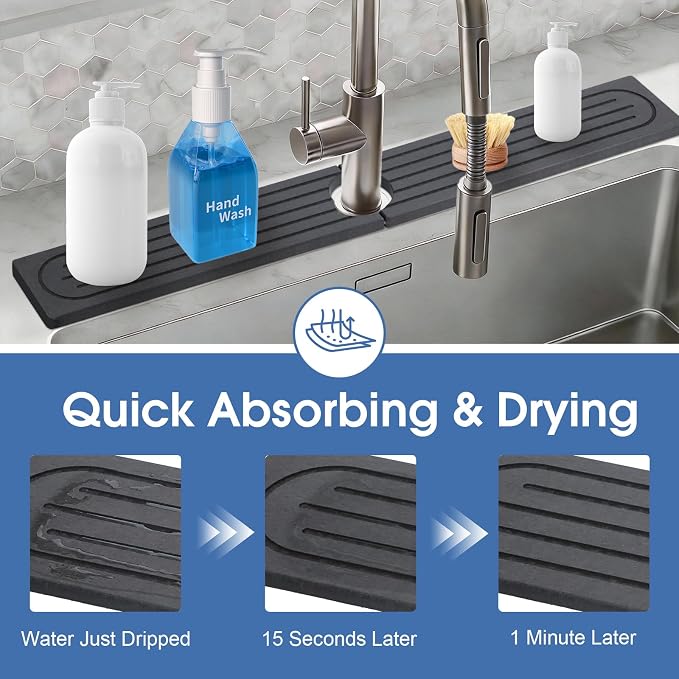 Stone Faucet Mat for Kitchen Sink with Raised Feet, Durable Diatomite Fast-Drying Stone Tray, Non-Slip Decorative Sink Protector for Kitchen Bathroom Counter, Easy Clean, Pure black, 30" x 4"