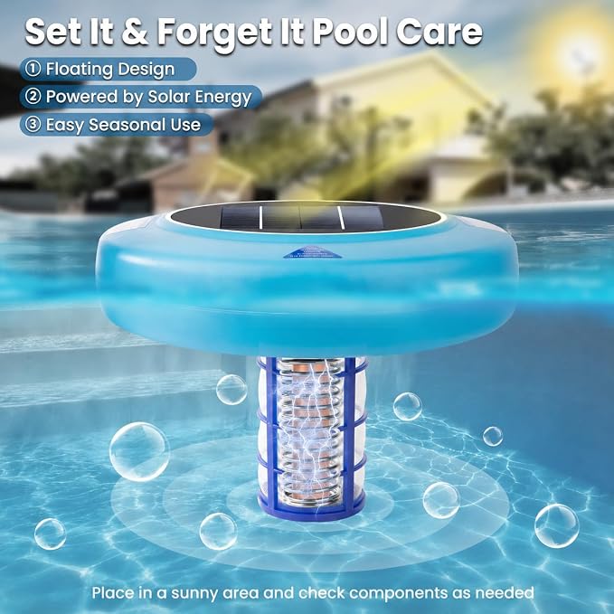 Solar Powered Pool Water Care Device for Above Ground & Inground Pools Up to 45,000 Gallons, Floating Pool Maintenance System with Thick Copper Component, Low Maintenance Pool Care Solution - Blue