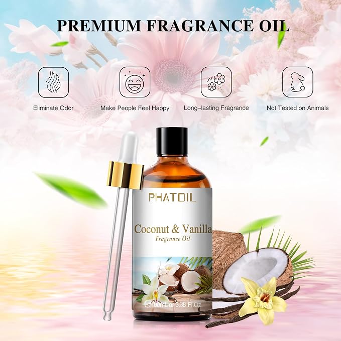 PHATOIL Coconut & Vanilla Fragrance Oil for Diffuser Aromatherapy 3.38FL.OZ | Long Lasting Scented Oils For Humidifier, Air Freshener, DIY Soap Candle, Scent Project Making, Aroma Oil for Home Freshening
