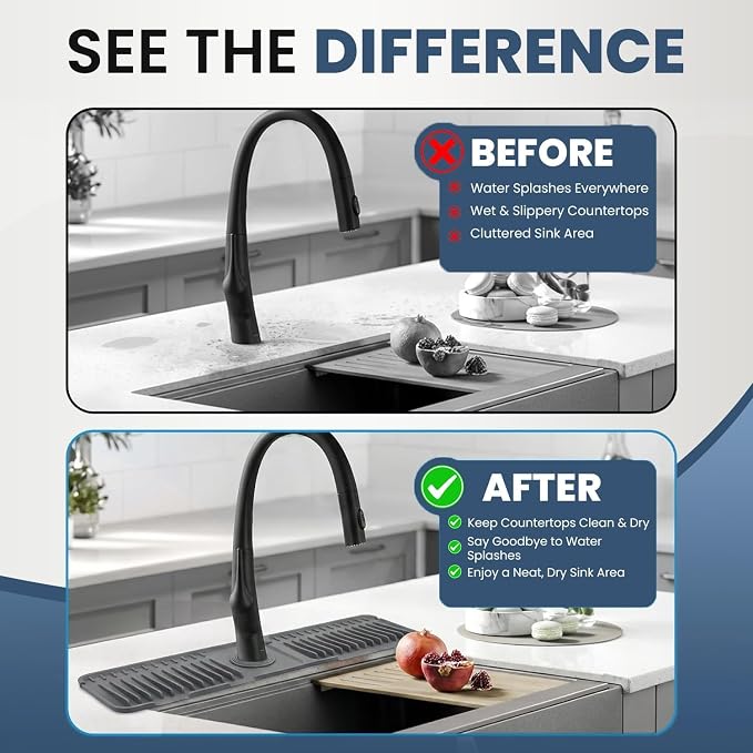 24x5.5 Inch Silicone Faucet Mat for Kitchen Sink - Kitchen Sink Splash Guard with FREE Rubber Drain Insert, Faucet Guard Draining Mat & Sink Water Splash Guard (Black)