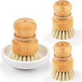 SUBEKYU Bamboo Dish Scrub Brush,Produce Brush,3 Pack with Ceramic Holder | Vegetable Brush,Natural Sisal Bristles,Kitchen Wooden Cleaning Scrubbers Set