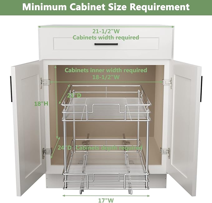 ROOMTEC Pull Out Cabinet Organizer, Kitchen Cabinet Organizer and Storage 2-Tier Cabinet Pull Out Shelves for Kitchen,Under Sink Organizers and Storage 17" W x 21" D Chrome