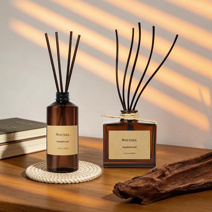 Sandalwood Reed Diffuser, Woody Essential Oil Refill | 6.8 Fl Oz (200ml) Scented Diffusers, Bathroom Air Freshener with Diffuser Sticks, Long-Lasting Fragrance for Home Decor