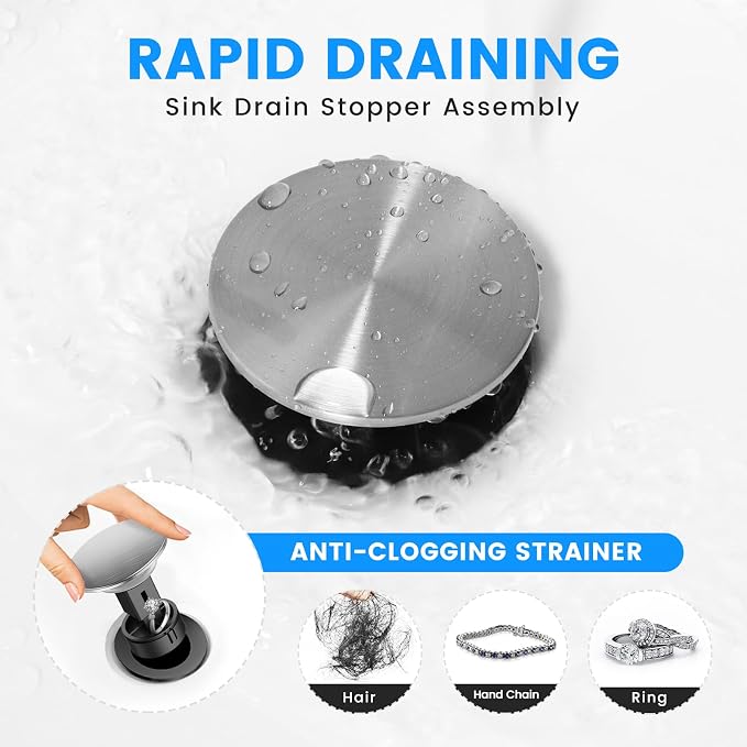 Bathroom Sink Drain with Overflow with Hair Catcher Anti-Clog Sink Strainer | Hurran Bathroom Sink Stopper for 1.65-1.9" Hole, Plastic Pop-up Drain for Bathroom Vanity Vessel Sink, Brushed Nickel, 2 Pack