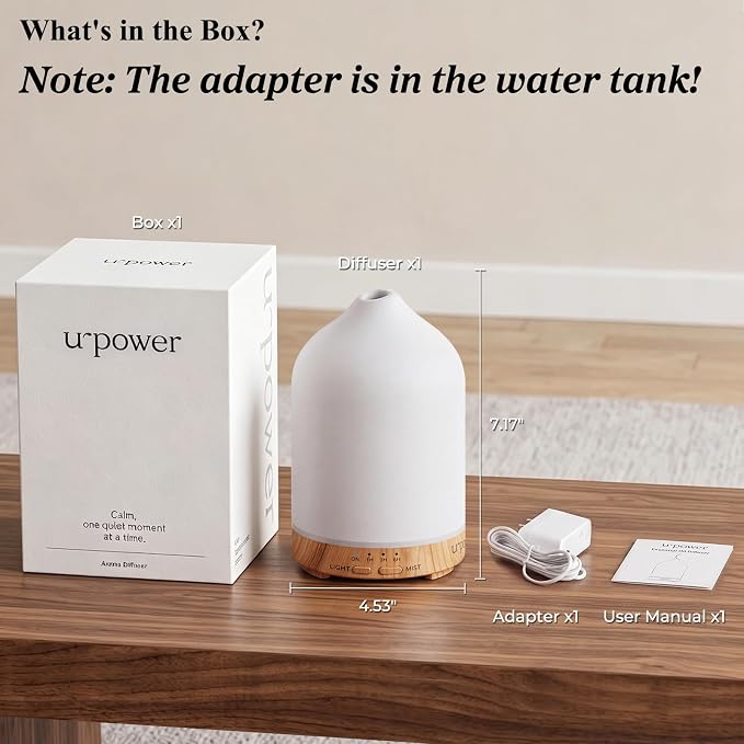 URPOWER 300mL Ceramic Essential Oil Diffuser Aromatherapy Diffuser for Home | Up to 10 Hrs High/Low Mist Settings Quiet Diffuser Humidifiers Ideal for Bedroom Living Room Office Scent Diffusion & Decor