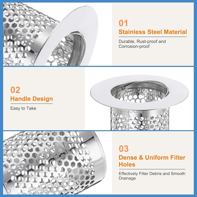uxcell 4 Pack Shower Drain Strainer, 3.2" x 2" 304 Stainless Steel Floor Drain Strainer Deep Sink Hair Catcher for Kitchen Bathroom Balcony Floor Drain, Fit Hole Size from 1.1" to 2"