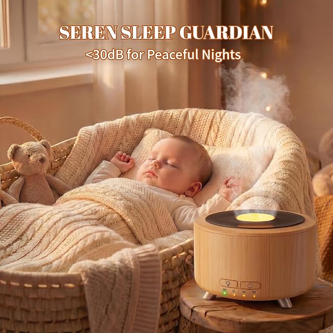 500ML Retro Vinyl Essential Oil Diffuser for Home | 3D flame effect & 9 colors. 500ml tank lasts 14H for deep sleep. BPA-free with auto-off ensures safety for babies and pets.