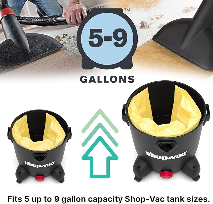 Shop-Vac 9067133 High Efficiency Disposable Vacuum Filter Bags (2-Pack) | Fits 5-9 Gallon Tanks, Enhanced Filtration and Dust Control