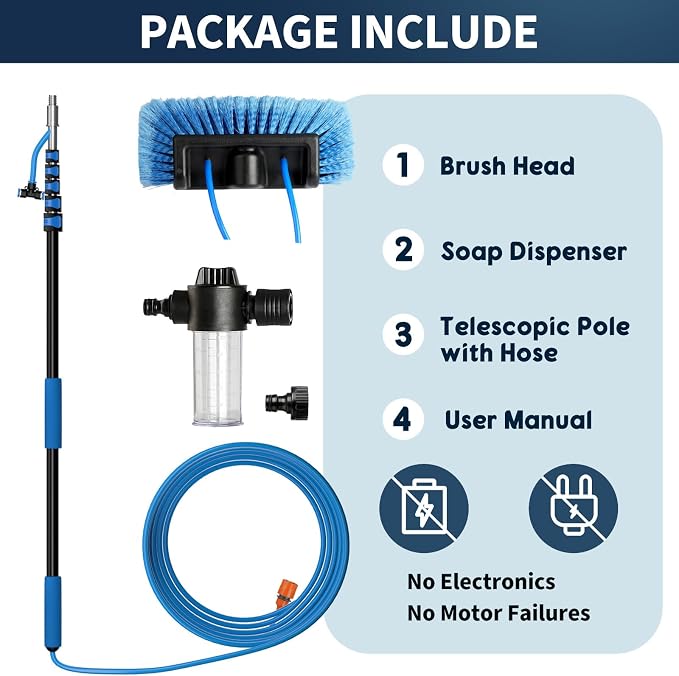 Soft Bristles Solar Panel Cleaning Brush, 24 FT Solar Panel Cleaner Kit, Including Water Fed Brush | Extendable Long Handle | Soap Dispenser for Car, RV, Boat, Windows, Deck Washing
