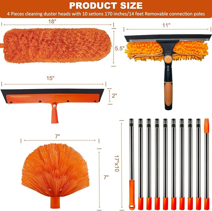 20+ Feet High Reach Duster Kit with 3-14 ft Extension Pole High Ceiling Dusting and Window Cleaning Kit with Spliceable Pole - Window Washer & Squeegee, Cobweb Duster, Fan Blade and Feather Dusters