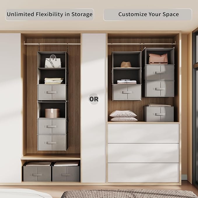 Vailando 6-Tier Hanging Shelves for Closet, Two 3-Shelf Hanging Closet Organizer w/ 4 Side Pockets and 3 Drawers, Combinable for Dorm Wardrobe Organizer and RV Storage and Organization | Converts into Two 3-Shelf Organizers, Foldable Drawers, Side Pock...