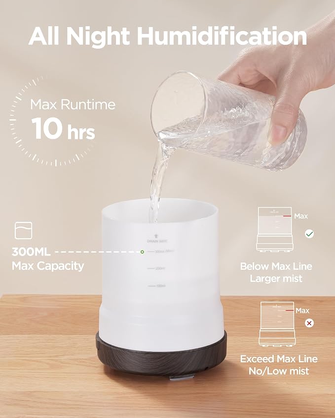 InnoGear 300ml Essential Oil Diffuser for Home Scent Humidifier, Brown | Aromatherapy, Cool Mist Humidifier, Ultrasonic, Large Room, Run up to 10hrs, Waterless Auto Off, 7 LED Lights, Quiet