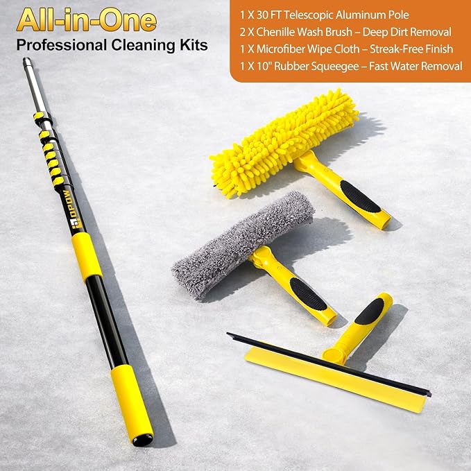 36 Feet High Reach Squeegee Window Cleaner Kit with 5-30Ft Extension Pole | 2 in 1 Window Cleaning Tool w/ 8-Stage Telescopic Pole &Rotatable Head,Window Washing Equipment for Solar Panel,RV,Car Glass